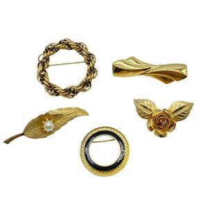 Vtg Gold-Tone Brooch Lot Of 5 Napier Rose Circle Rope Leaf w/ Faux Pearl Bow